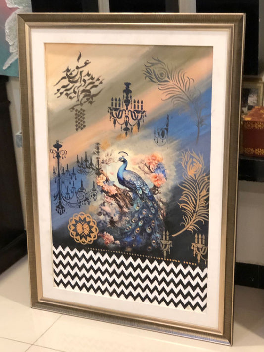 Handcrafted Wooden Frame Art – Blue Peacock Design with Calligraphy & Floral Accents