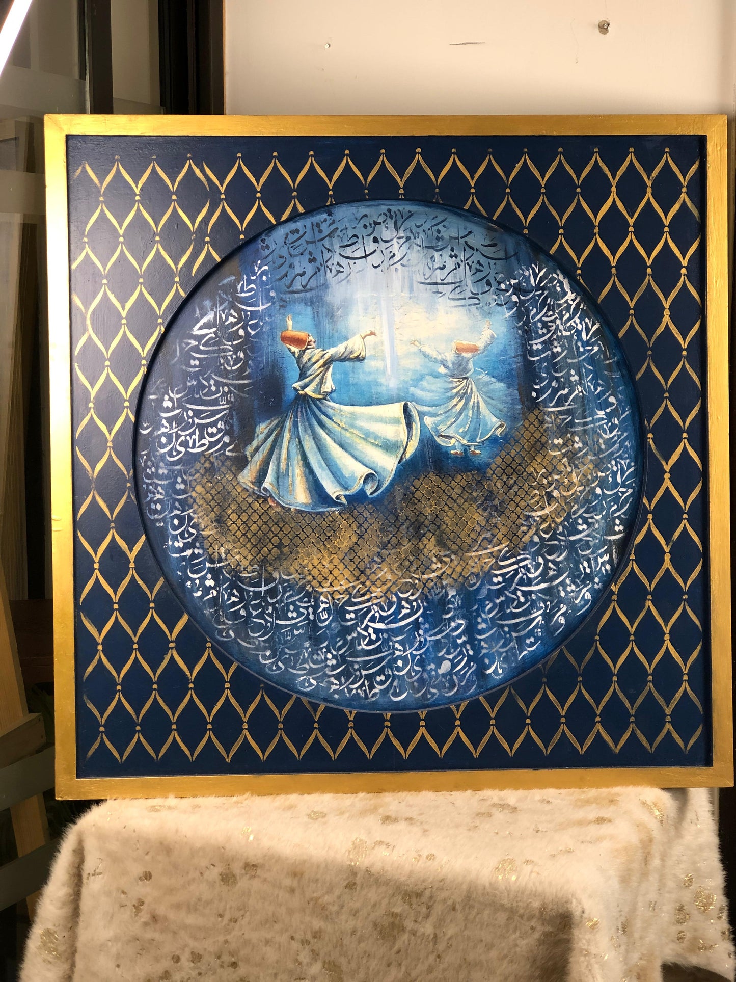 HandCrafted Wooden Frame Art – Whirling Dervish Painting with Arabic Calligraphy