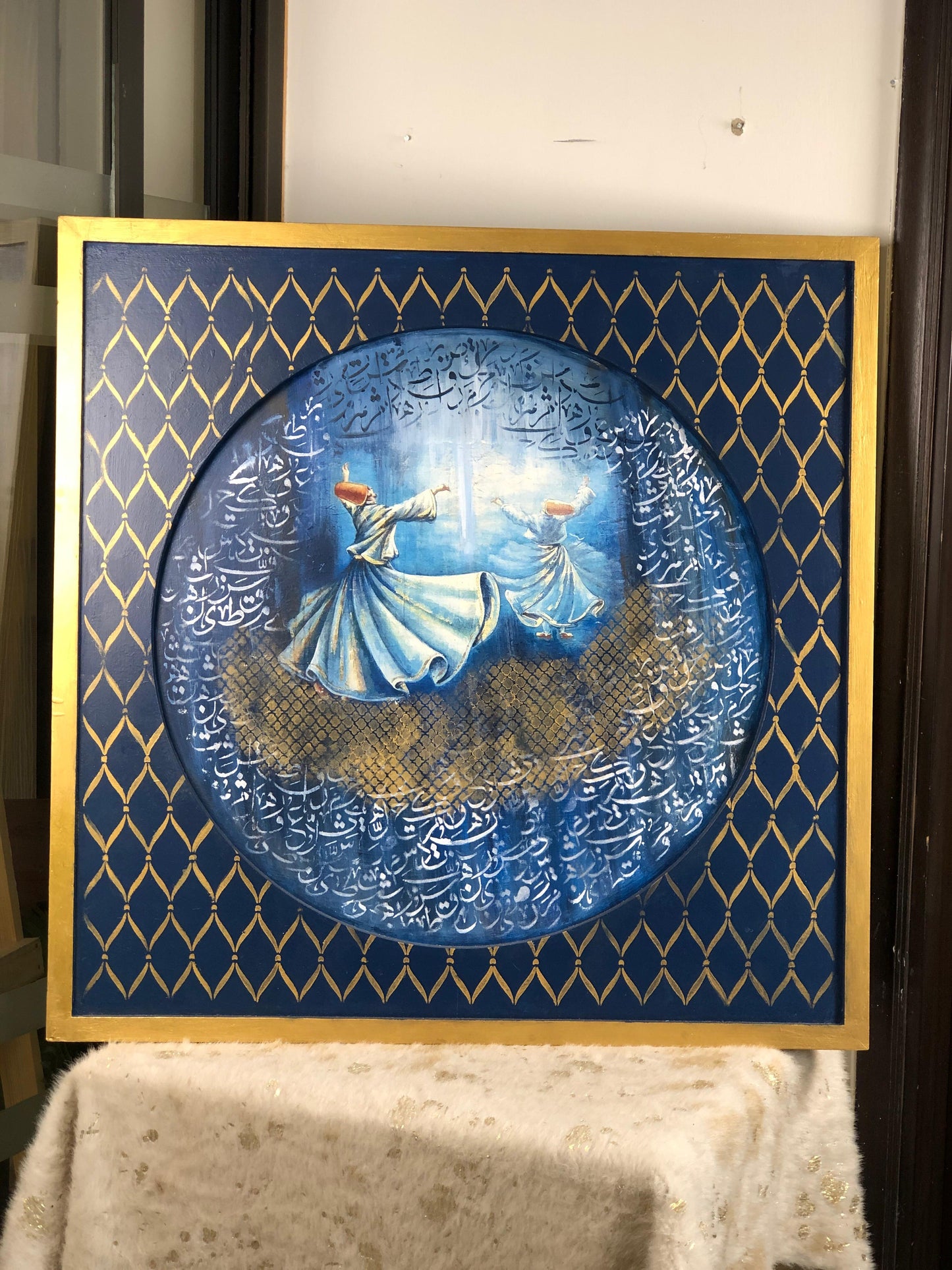 HandCrafted Wooden Frame Art – Whirling Dervish Painting with Arabic Calligraphy