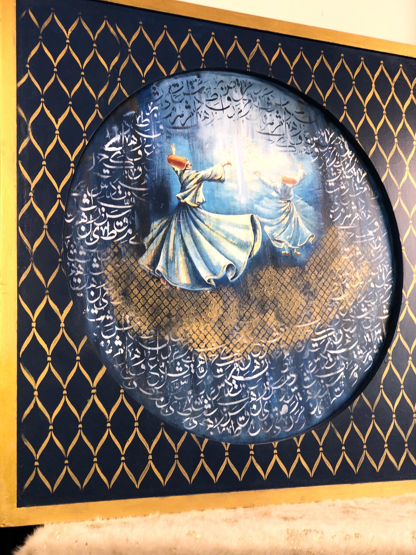 HandCrafted Wooden Frame Art – Whirling Dervish Painting with Arabic Calligraphy