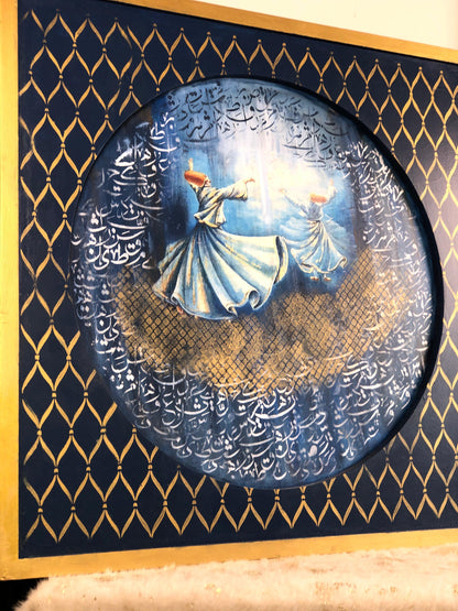 HandCrafted Wooden Frame Art – Whirling Dervish Painting with Arabic Calligraphy