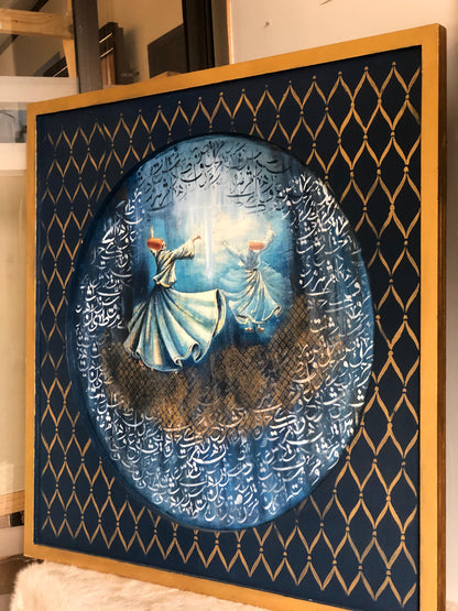 HandCrafted Wooden Frame Art – Whirling Dervish Painting with Arabic Calligraphy