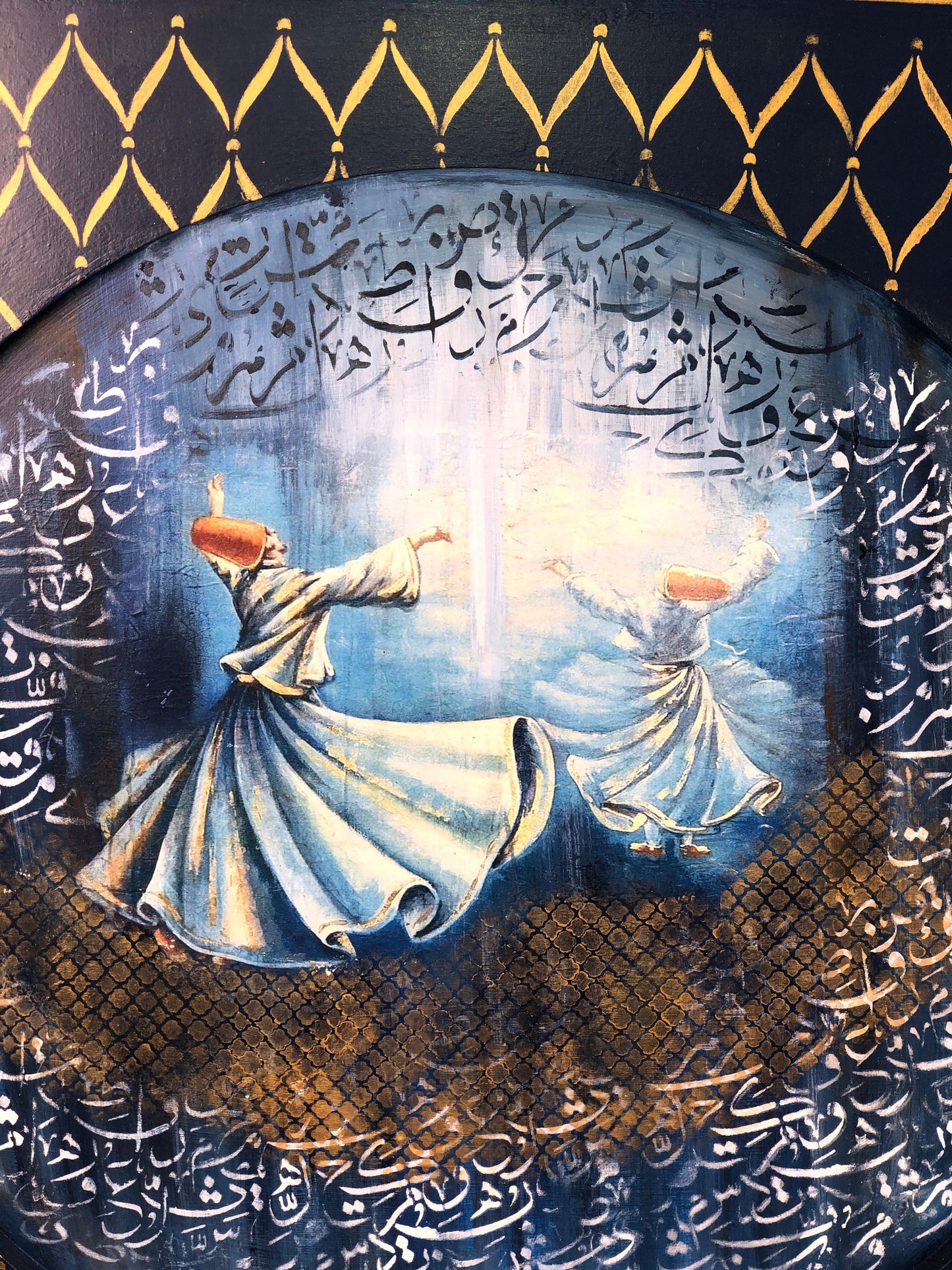 HandCrafted Wooden Frame Art – Whirling Dervish Painting with Arabic Calligraphy