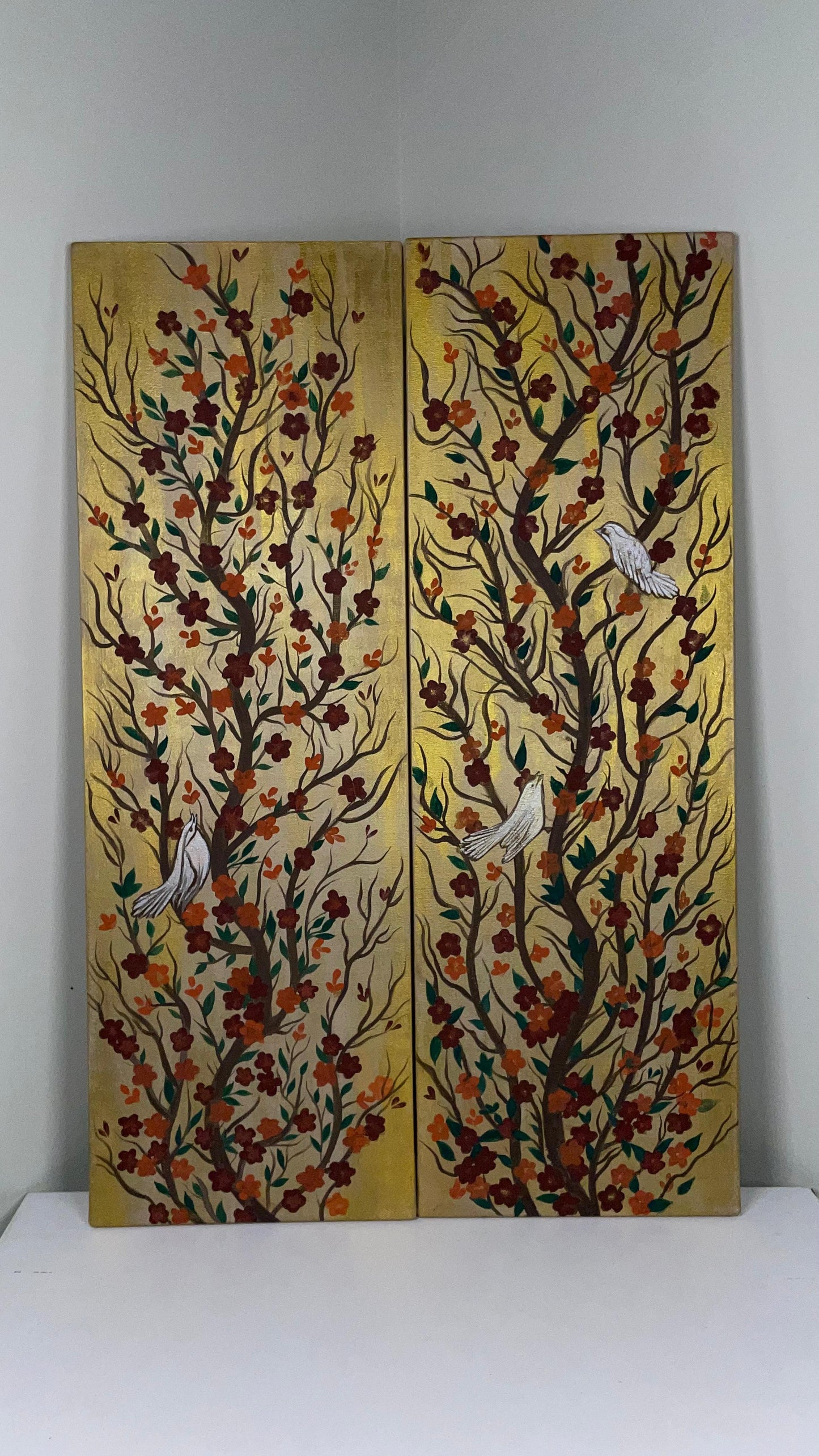 Handmade Wooden Wall Art Set – Floral Tree Branches with Birds on Brown Background
