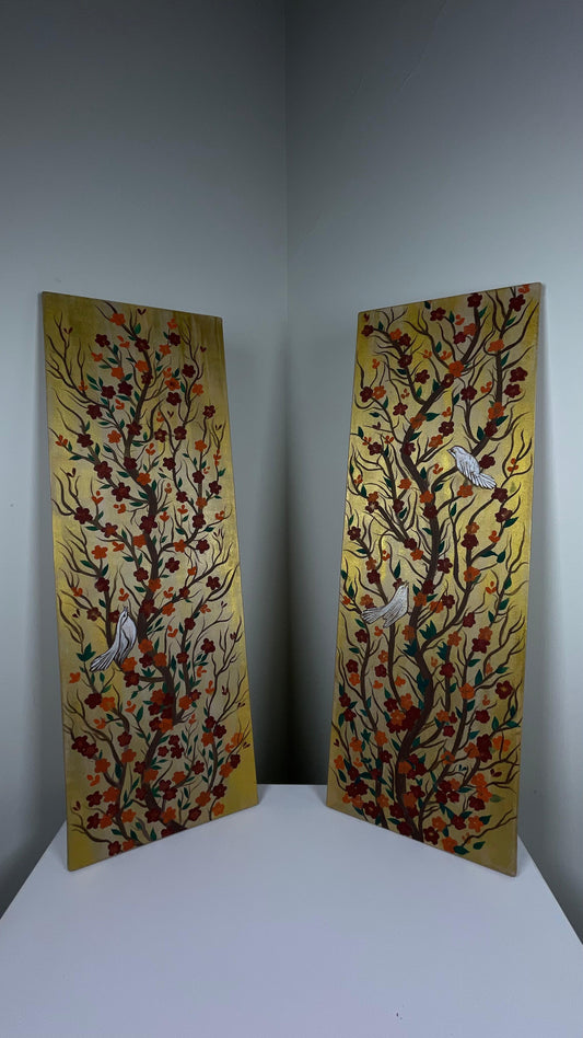 Handmade Wooden Wall Art Set – Floral Tree Branches with Birds on Brown Background