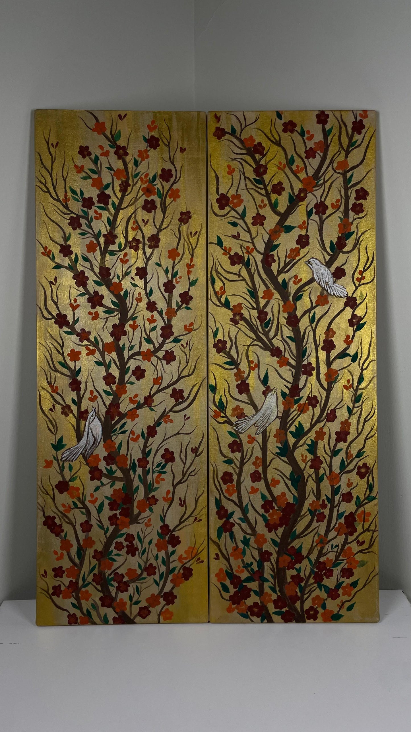 Handmade Wooden Wall Art Set – Floral Tree Branches with Birds on Brown Background