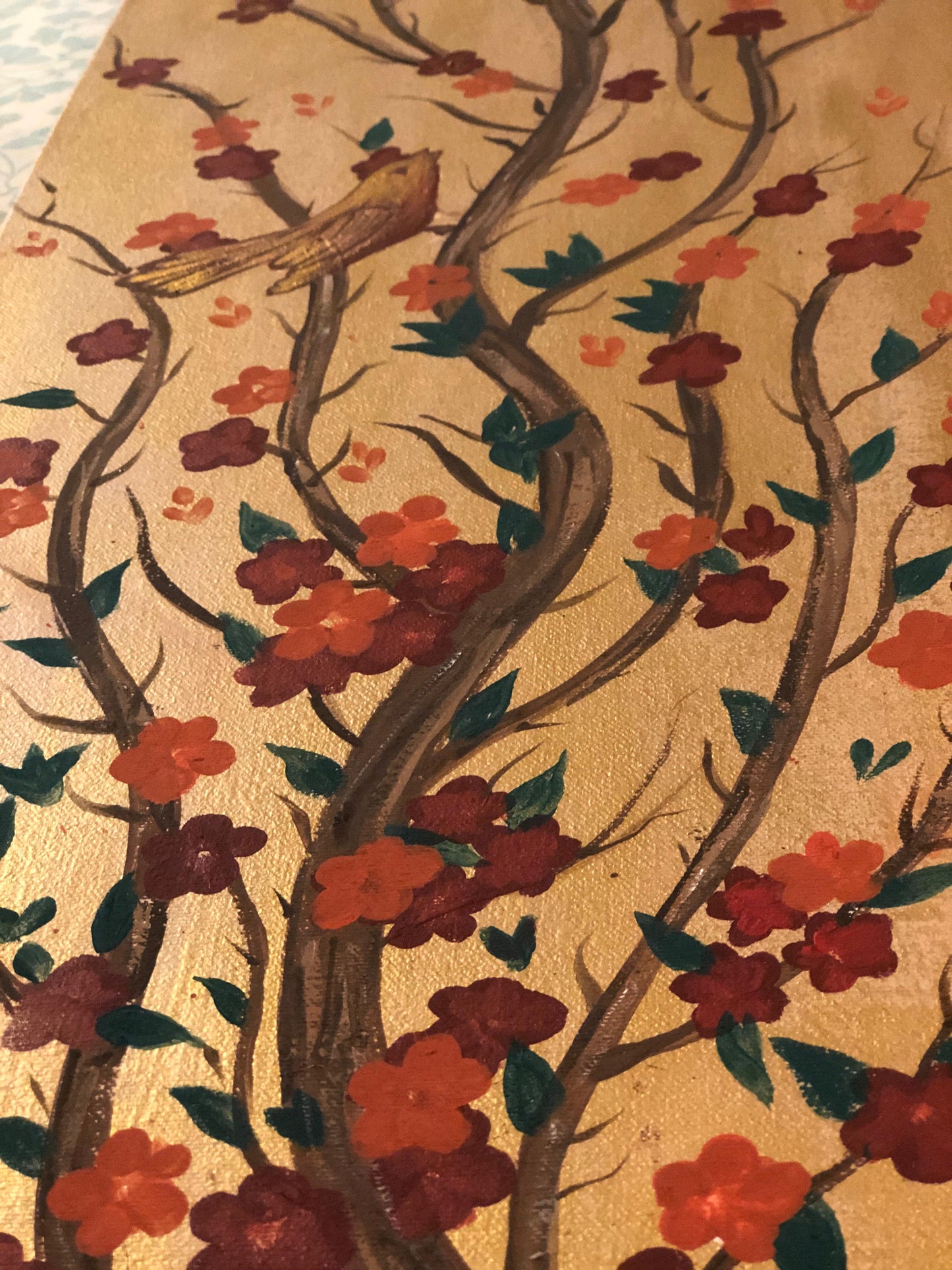 Handmade Wooden Wall Art Set – Floral Tree Branches with Birds on Brown Background