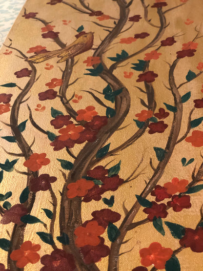 Handmade Wooden Wall Art Set – Floral Tree Branches with Birds on Brown Background