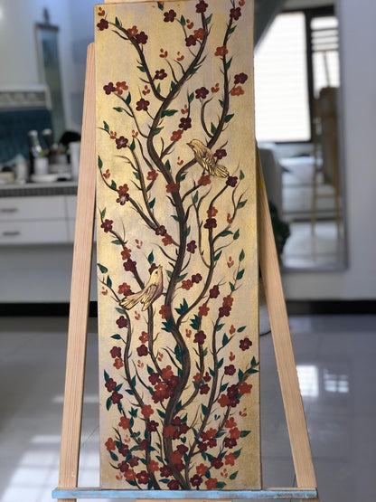 Handmade Wooden Wall Art Set – Floral Tree Branches with Birds on Brown Background
