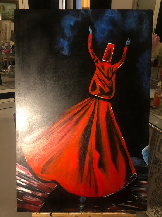Handmade Wooden Wall Art – Sufi Figure in Red Dress on Black & Blue Background with Calligraphy