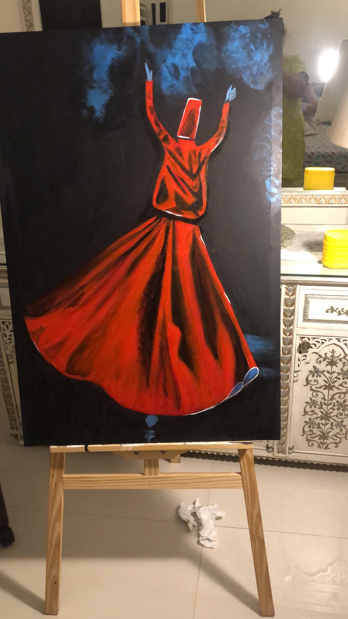 Handmade Wooden Wall Art – Sufi Figure in Red Dress on Black & Blue Background with Calligraphy