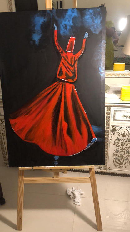 Handmade Wooden Wall Art – Sufi Figure in Red Dress on Black & Blue Background with Calligraphy
