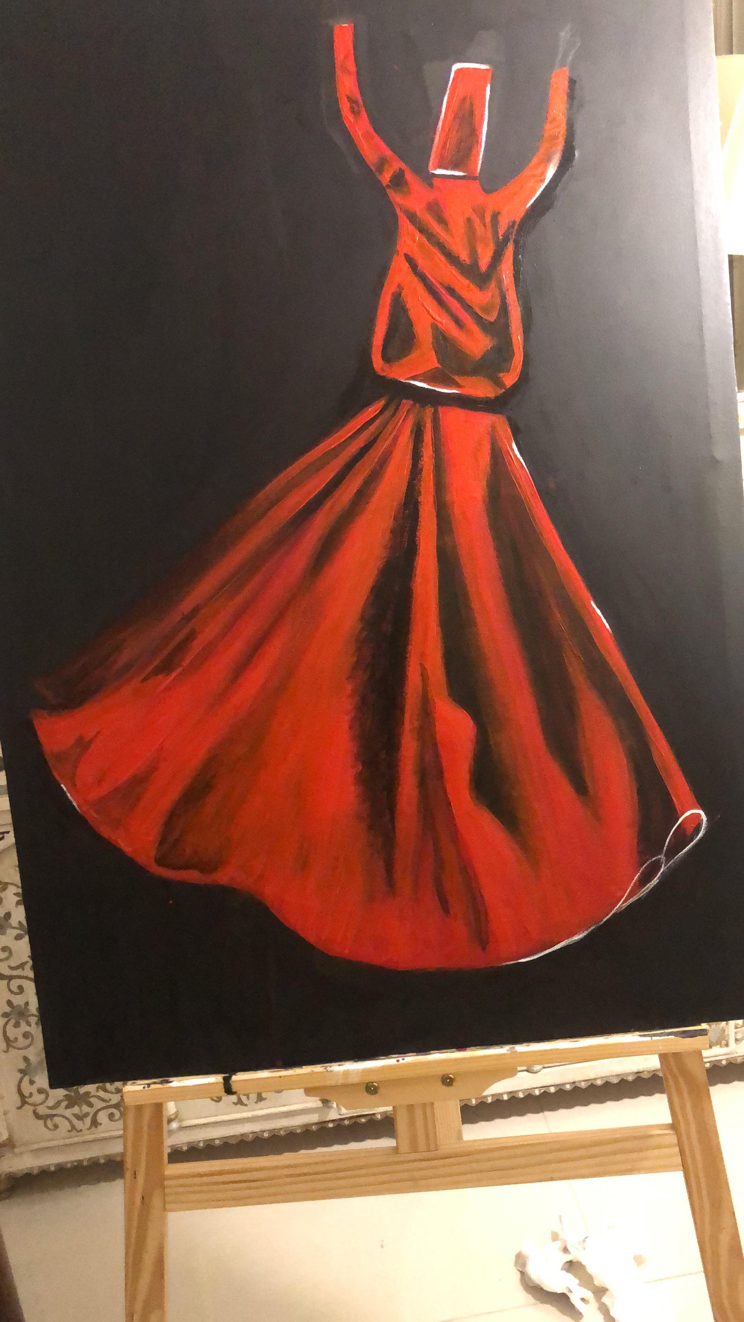 Handmade Wooden Wall Art – Sufi Figure in Red Dress on Black & Blue Background with Calligraphy