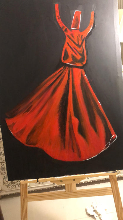 Handmade Wooden Wall Art – Sufi Figure in Red Dress on Black & Blue Background with Calligraphy