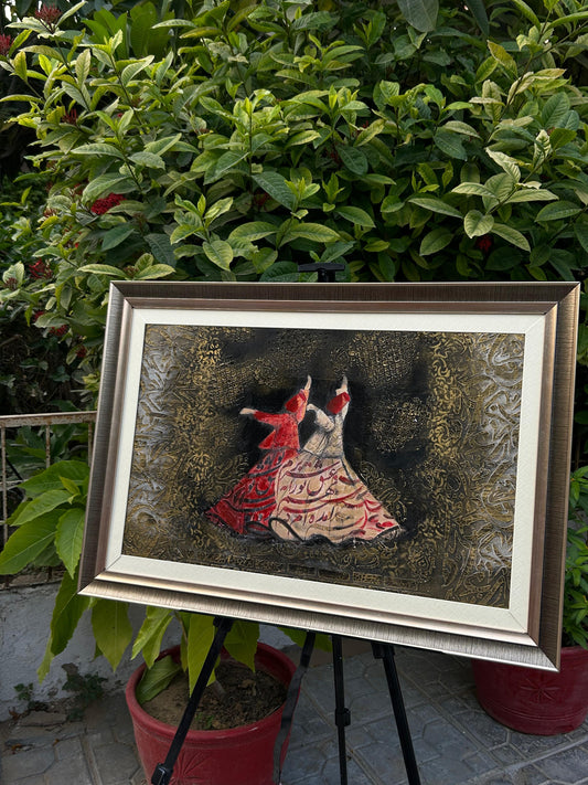 Handcrafted Wooden Framed Art - Textured art , decopage, stenciling - Hand-Painted Dervish Art