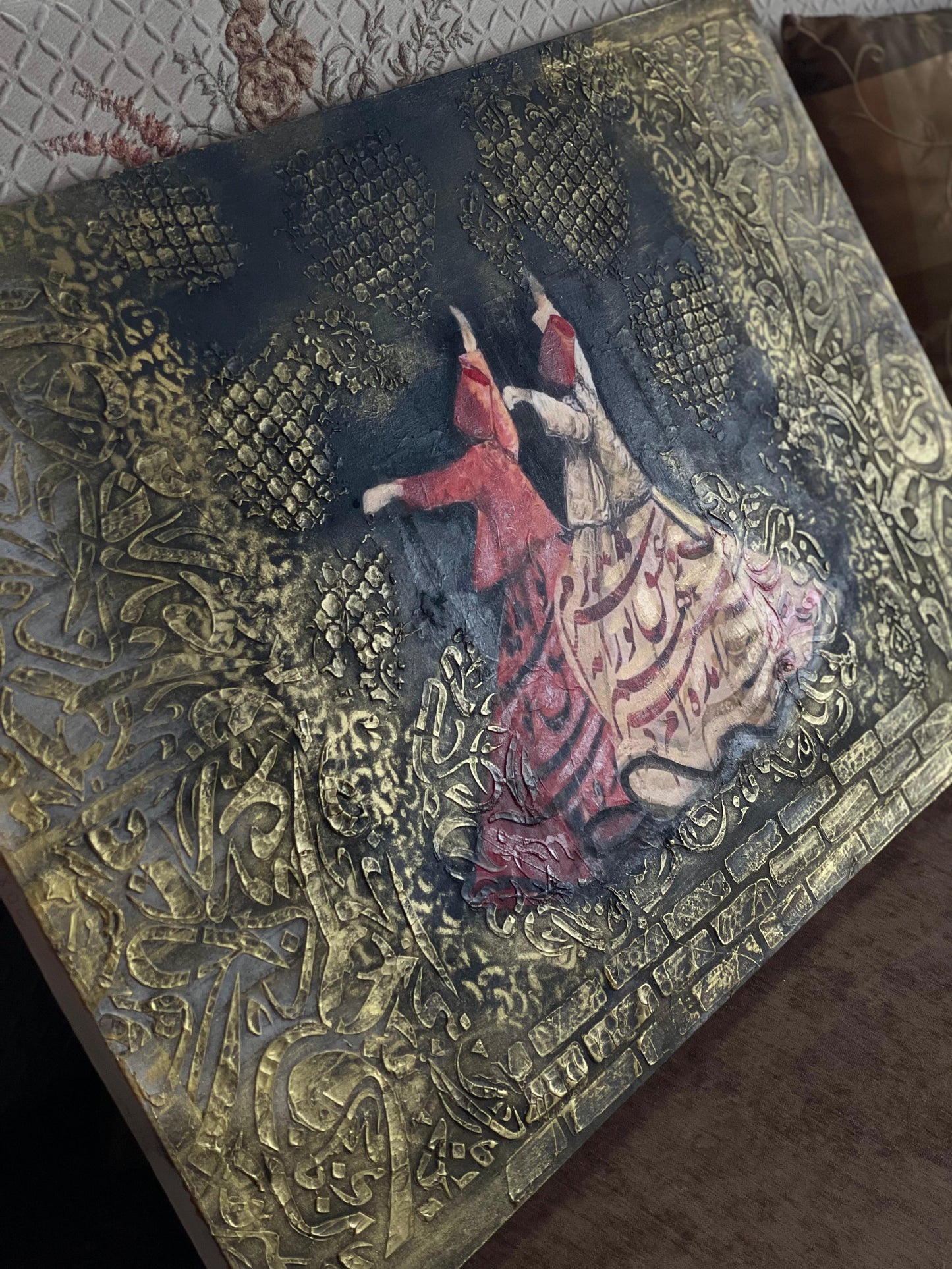 Handcrafted Wooden Framed Art - Textured art , decopage, stenciling - Hand-Painted Dervish Art