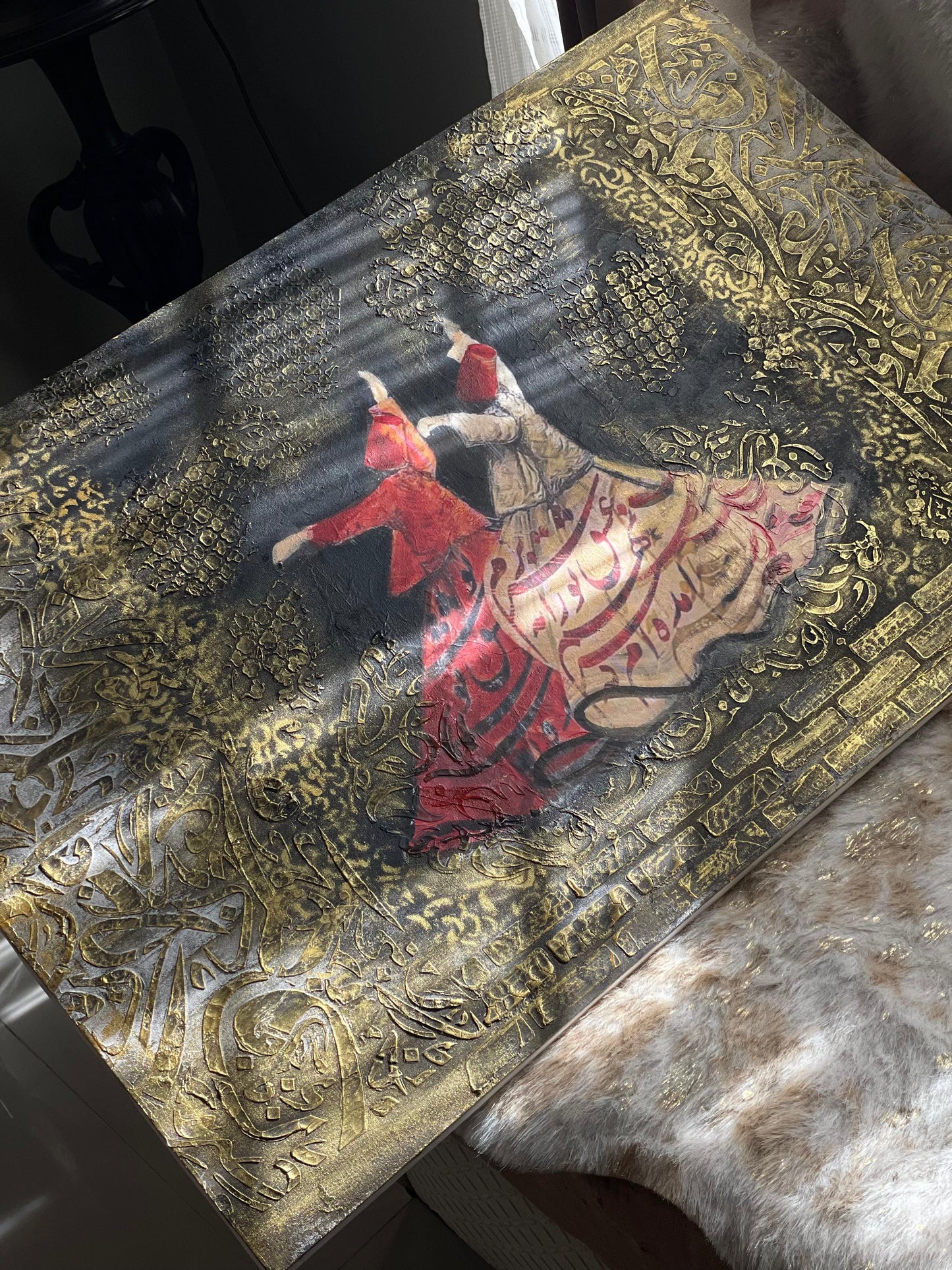 Handcrafted Wooden Framed Art - Textured art , decopage, stenciling - Hand-Painted Dervish Art