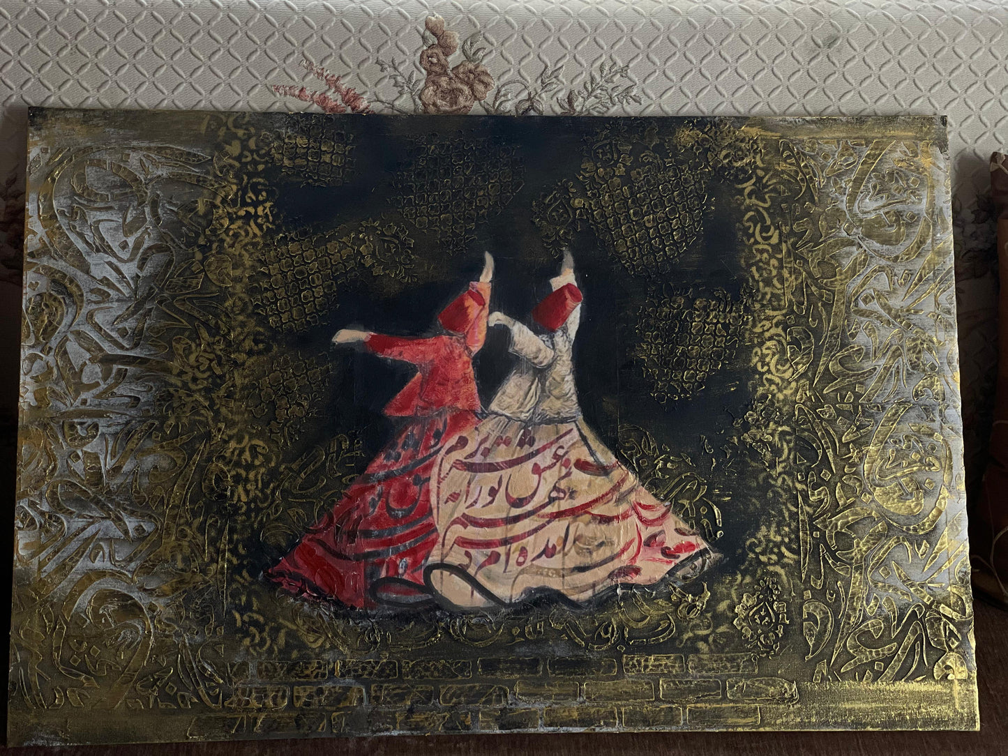 Handcrafted Wooden Framed Art - Textured art , decopage, stenciling - Hand-Painted Dervish Art