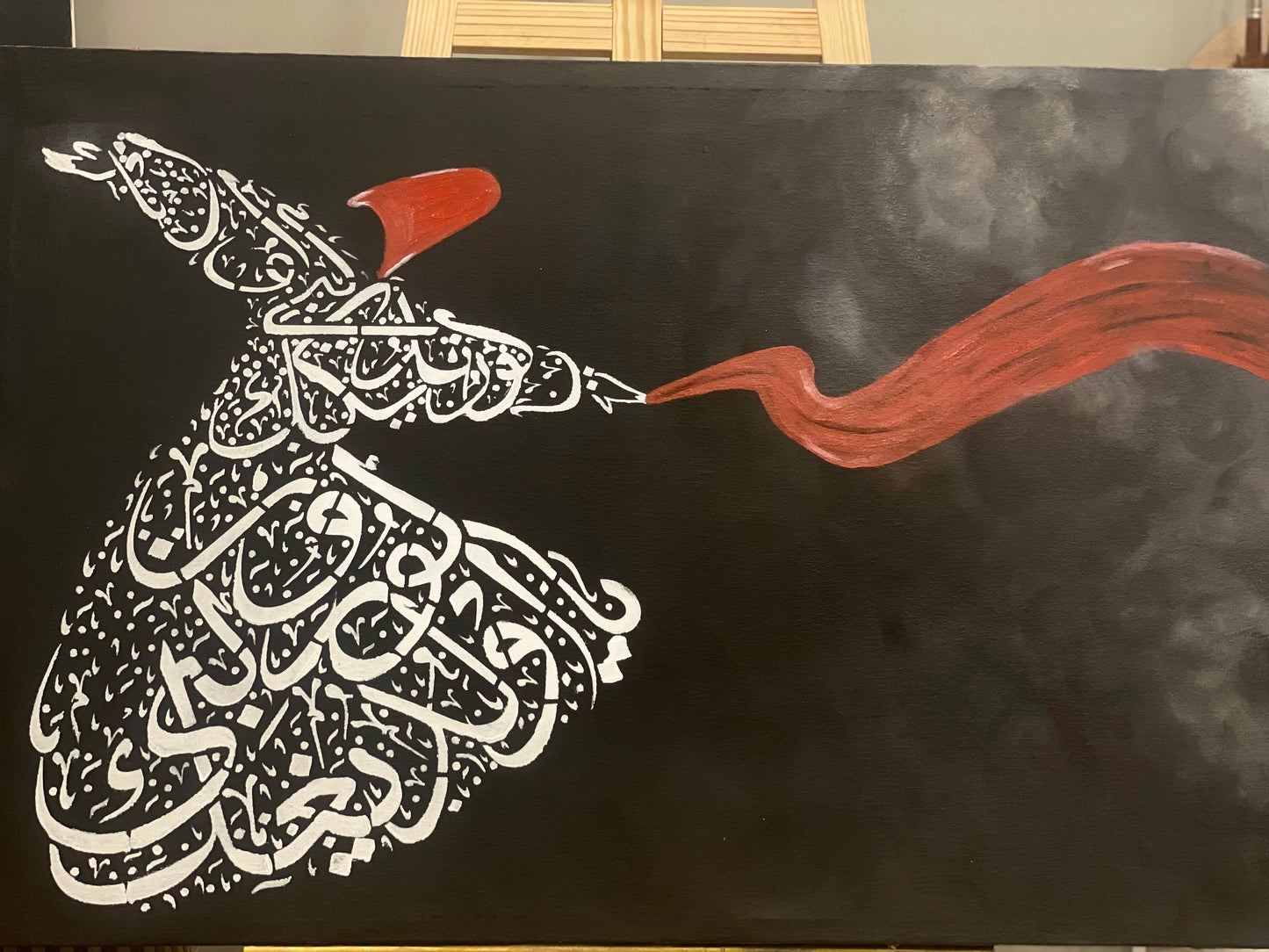 Handmade Wooden Wall Art – Sufi Silhouette with Red Flowing Curve & Arabic Calligraphy Dress on Black Background