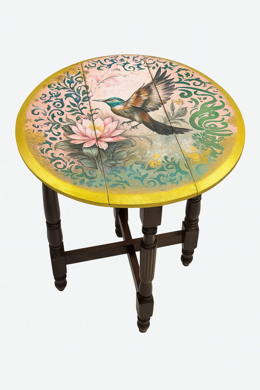 Wood Table - Hand-Painted Bird Design Round Table