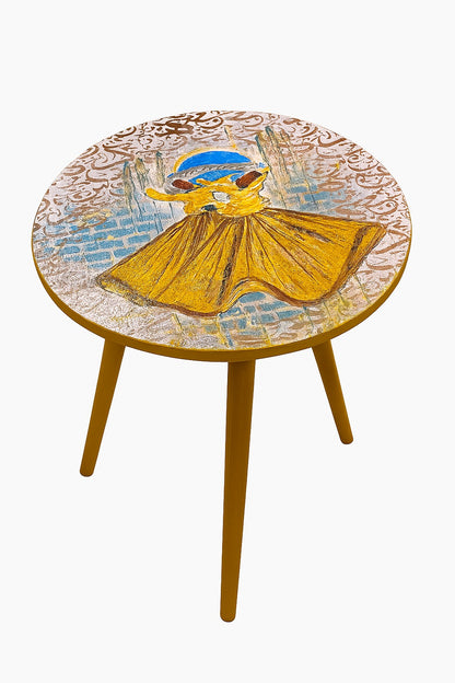 Wood Table - Hand-Painted Sufi Dervish Round Accent Table