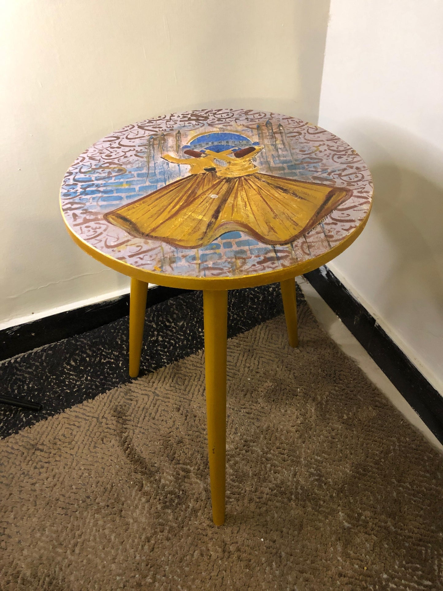 Wood Table - Hand-Painted Sufi Dervish Round Accent Table