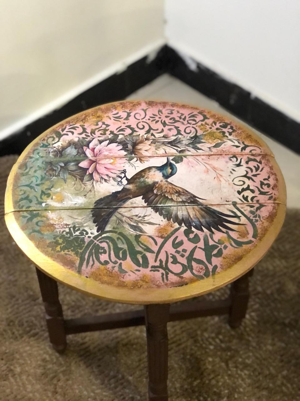 Wood Table - Hand-Painted Bird Design Round Table