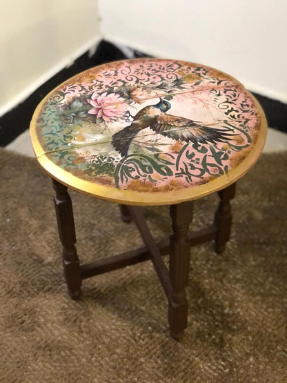Wood Table - Hand-Painted Bird Design Round Table