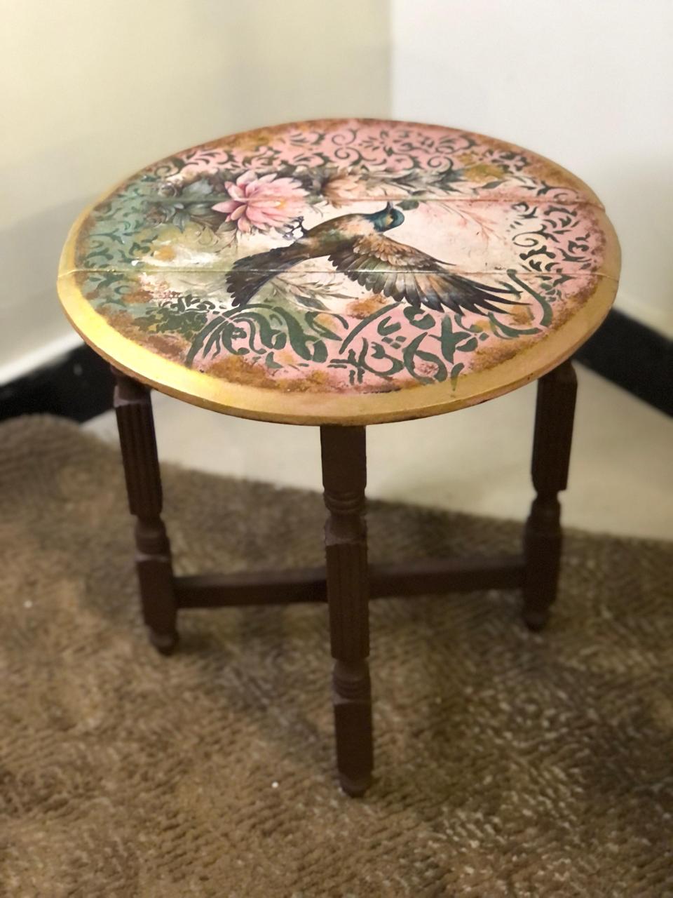 Wood Table - Hand-Painted Bird Design Round Table