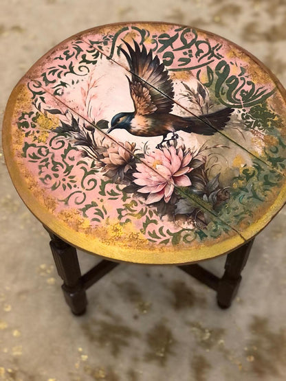 Wood Table - Hand-Painted Bird Design Round Table