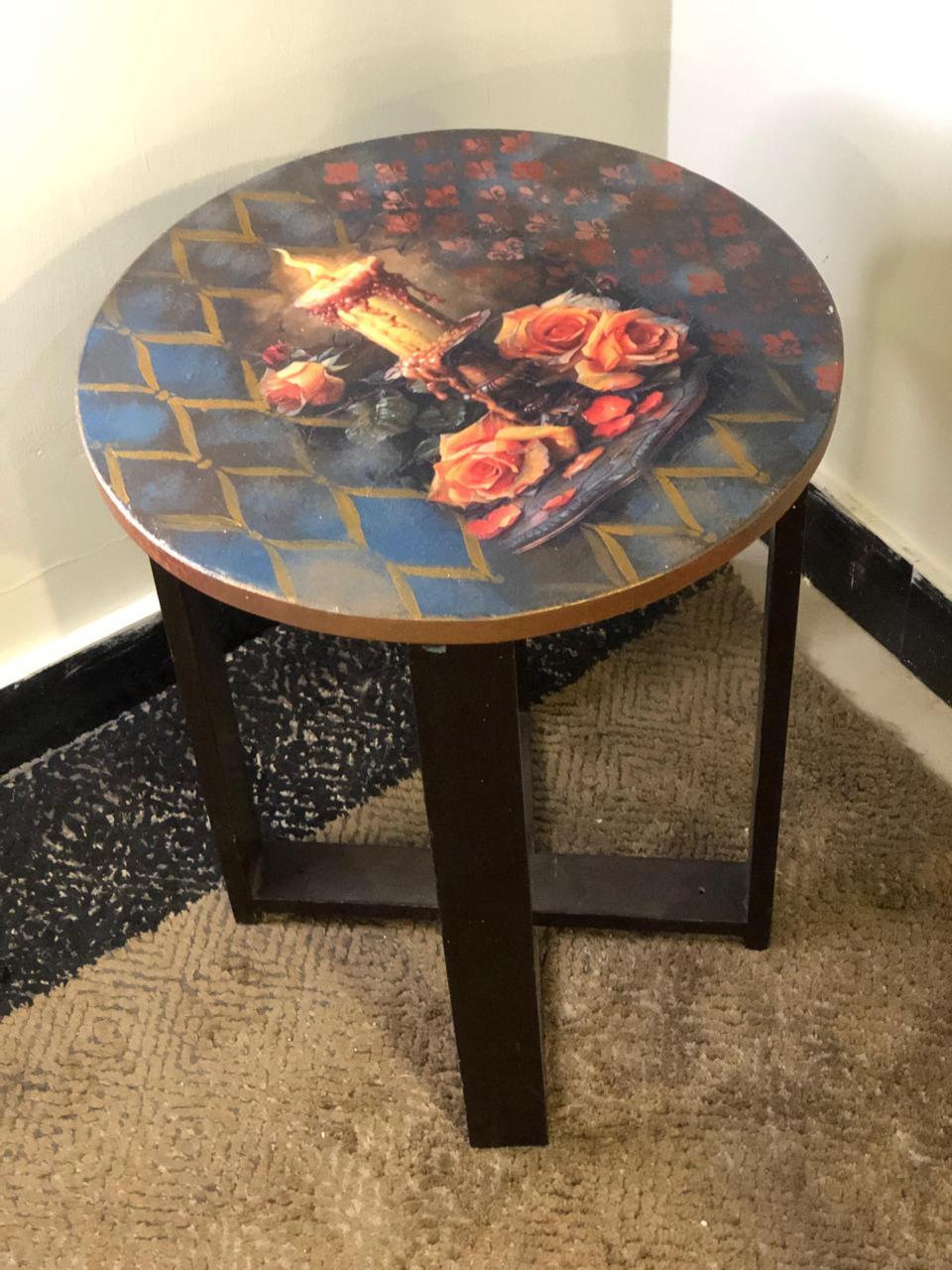Wood Table - Hand-Painted Roses Round Table