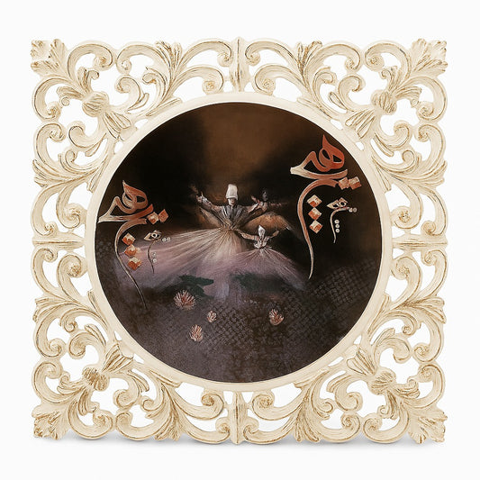 Handcrafted Wooden Framed Art - Wooden carved frame , decopage on canvas, cutouts calk paint