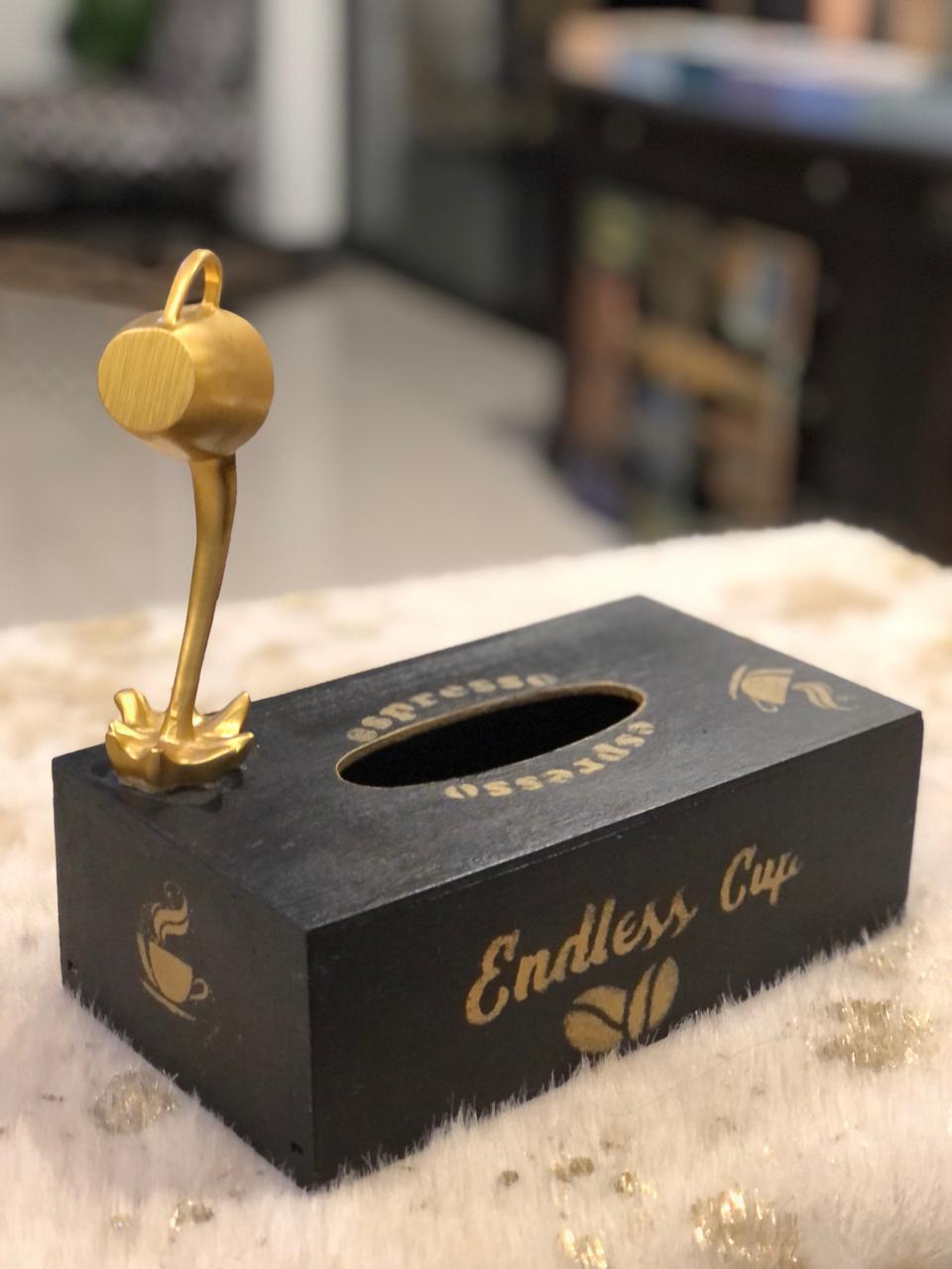 Hand-Painted Wooden Tissue box - With Floating Cup