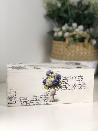 French Vintage Script Tissue Box  - Dusty Blue Floral Decoupage