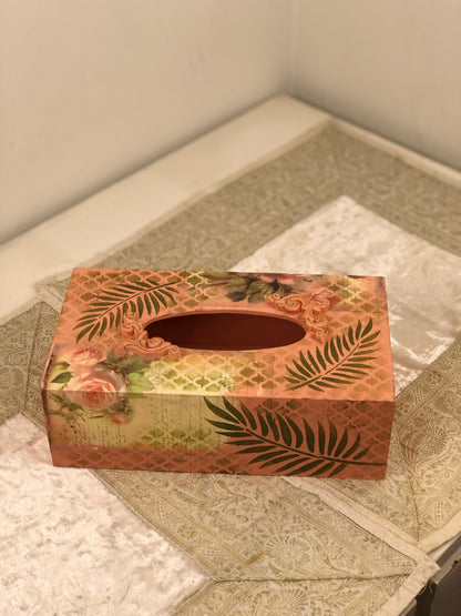 Hand-Painted Wooden Tissue Box - Tropical Coral Palm Leaf