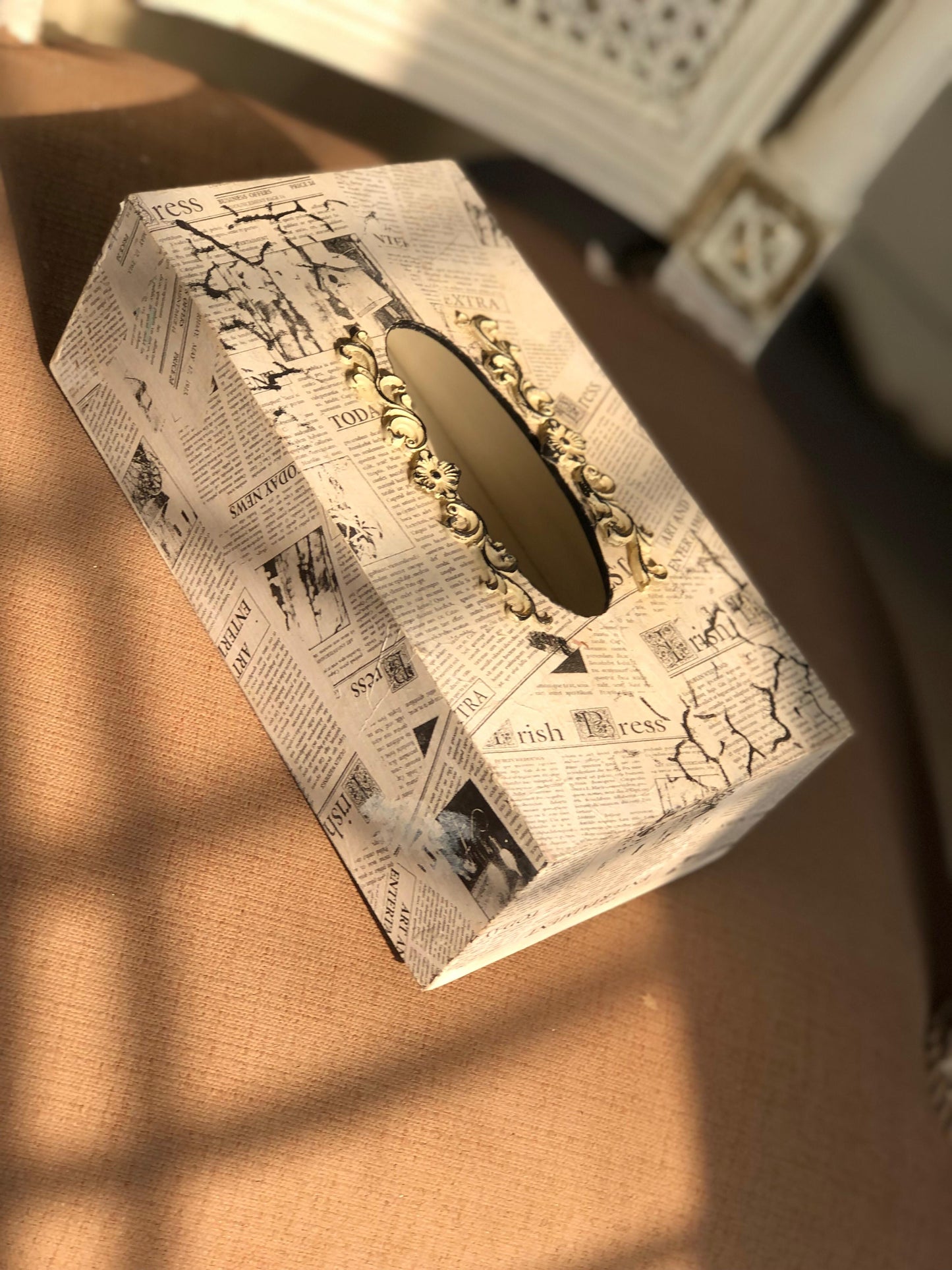 Hand-Painted Wooden Tissue Box - Vintage Newspaper Gold Trim