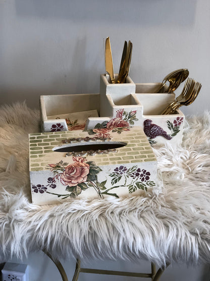 Hand-Painted Wooden Tissue Box - Shabby Chic Mosaic Rose