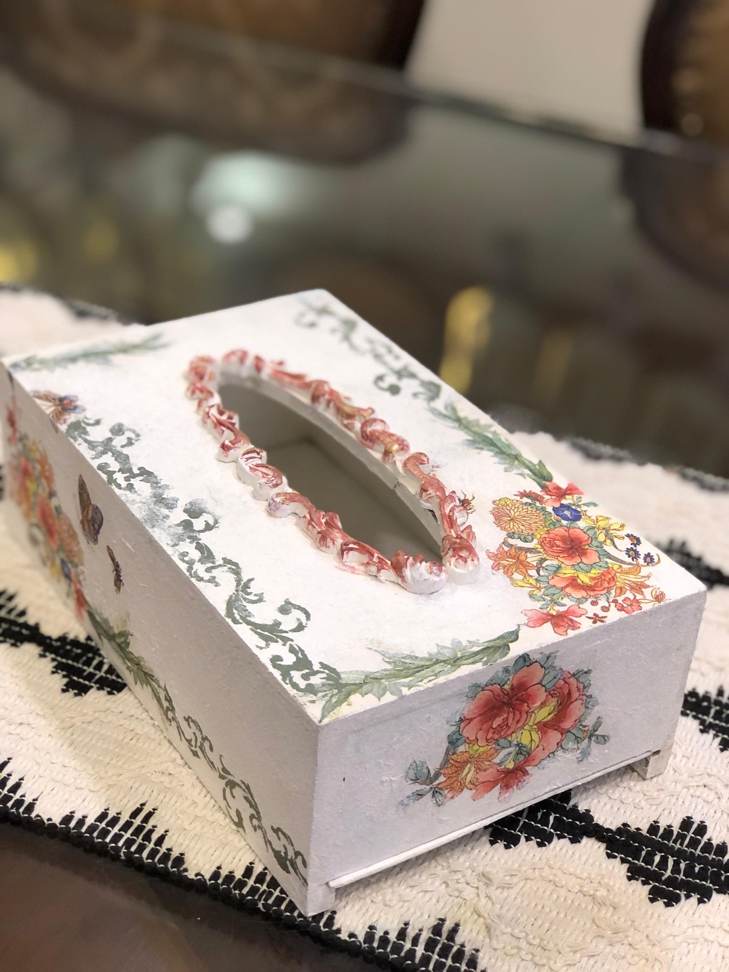 Hand-Painted Wooden Tissue Box - Vibrant Decoupage Flowers