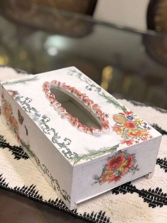 Hand-Painted Wooden Tissue Box - Vibrant Decoupage Flowers