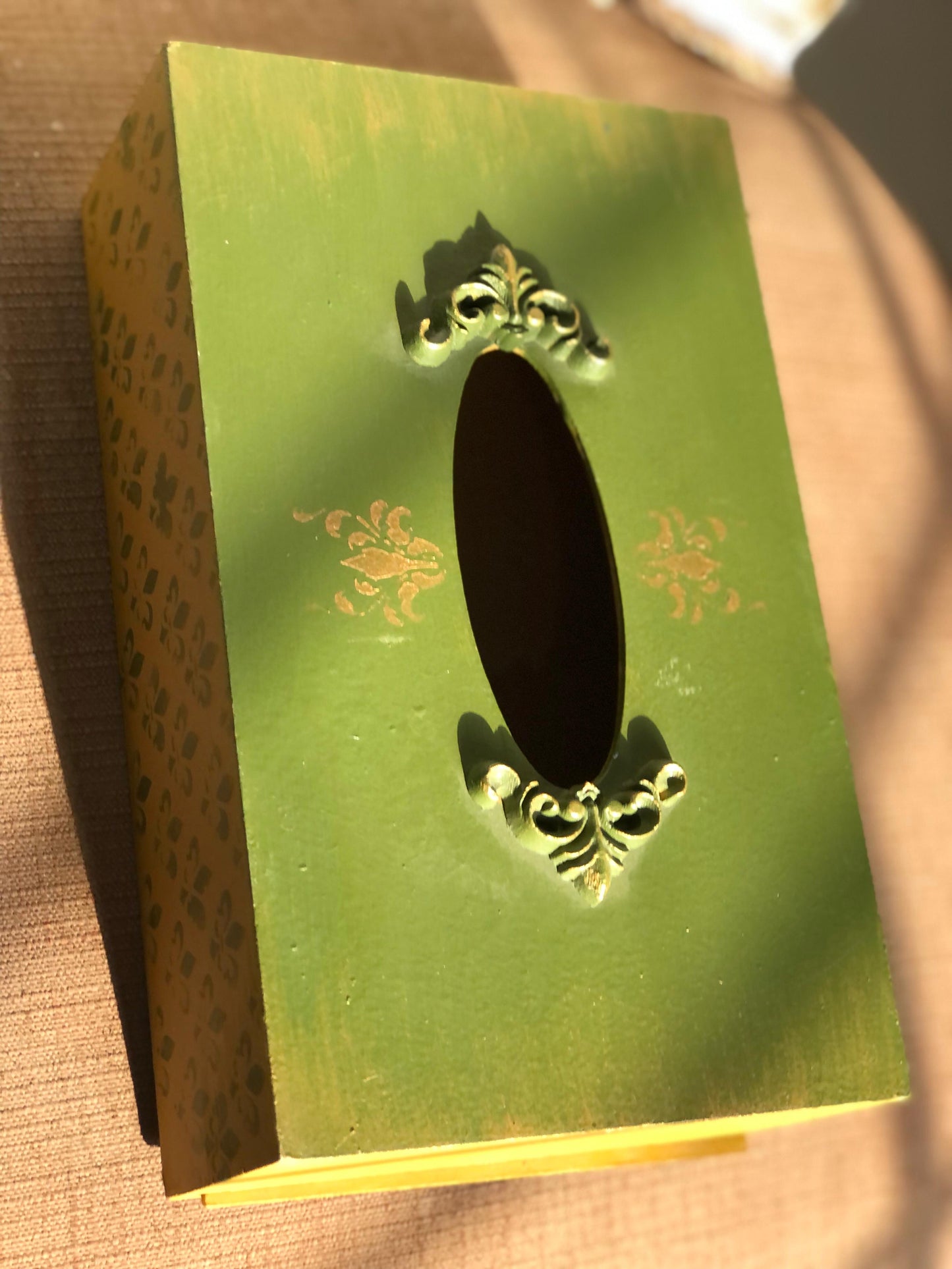 Hand-Painted Wooden Tissue Box | Boho Chic Green & Yellow Pattern Decor