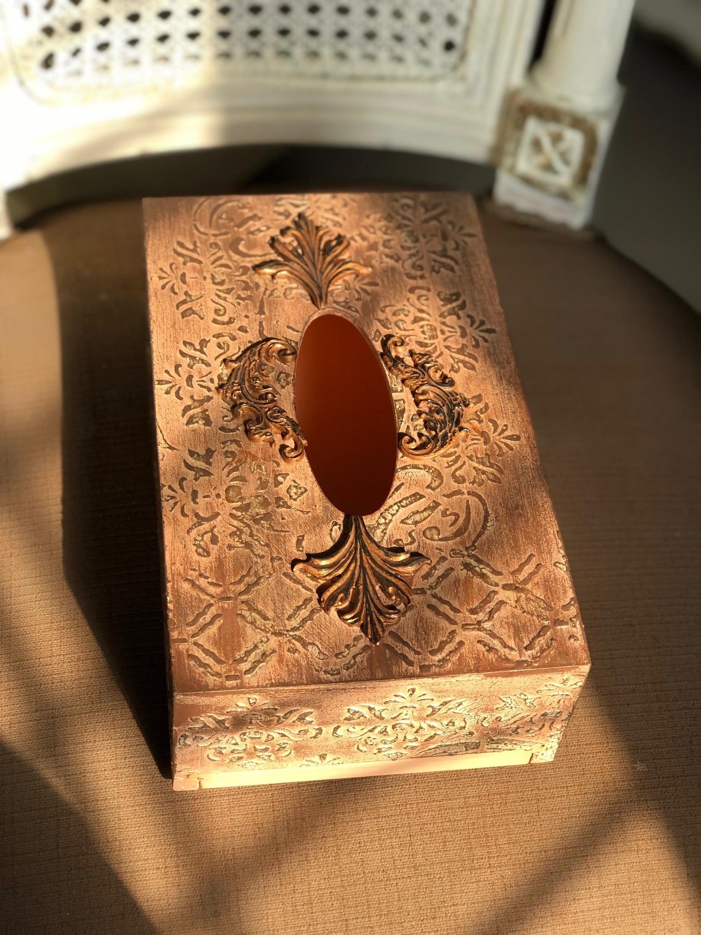 Hand-Painted Wooden Tissue Box - Embossed Copper Filigree