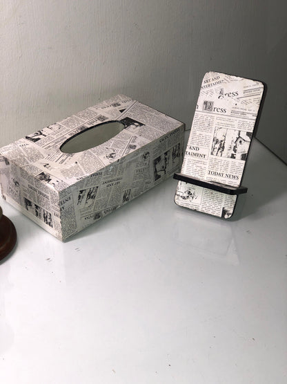 Hand-Painted Wooden Tissue Box - Vintage Newspaper Print Set