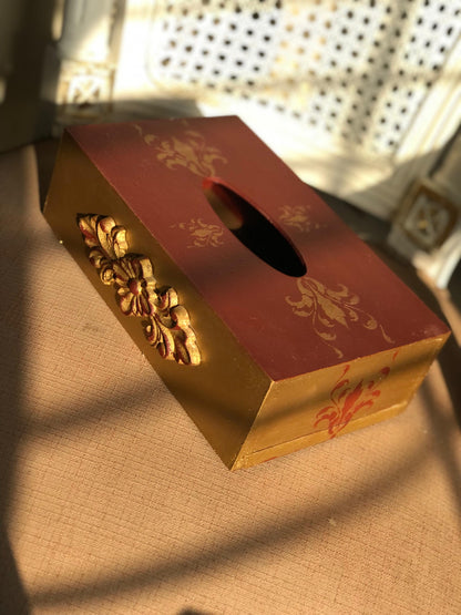 Hand-Painted Wooden Tissue Box - Royal Maroon & Gold Floral Decor