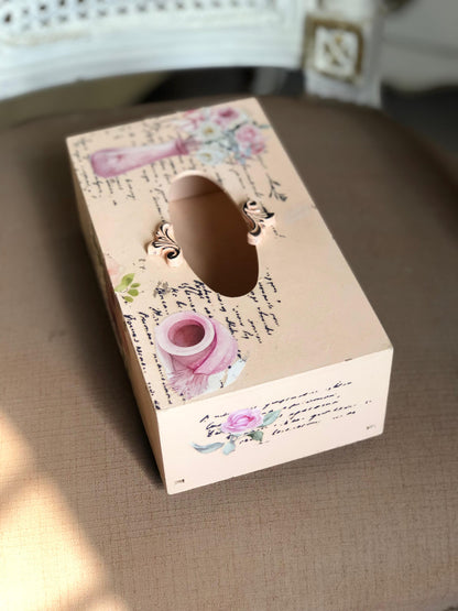 Hand-Painted Wooden Tissue Box - Shabby Chic Pink Rose Script