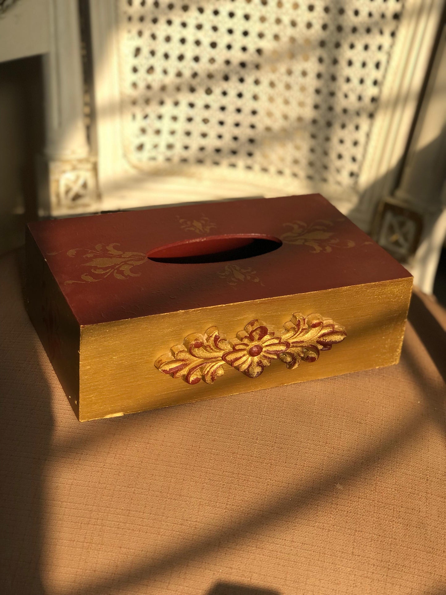Hand-Painted Wooden Tissue Box - Royal Maroon & Gold Floral Decor