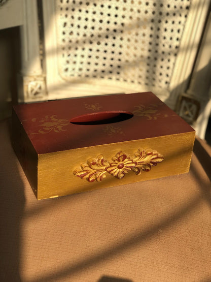 Hand-Painted Wooden Tissue Box - Royal Maroon & Gold Floral Decor
