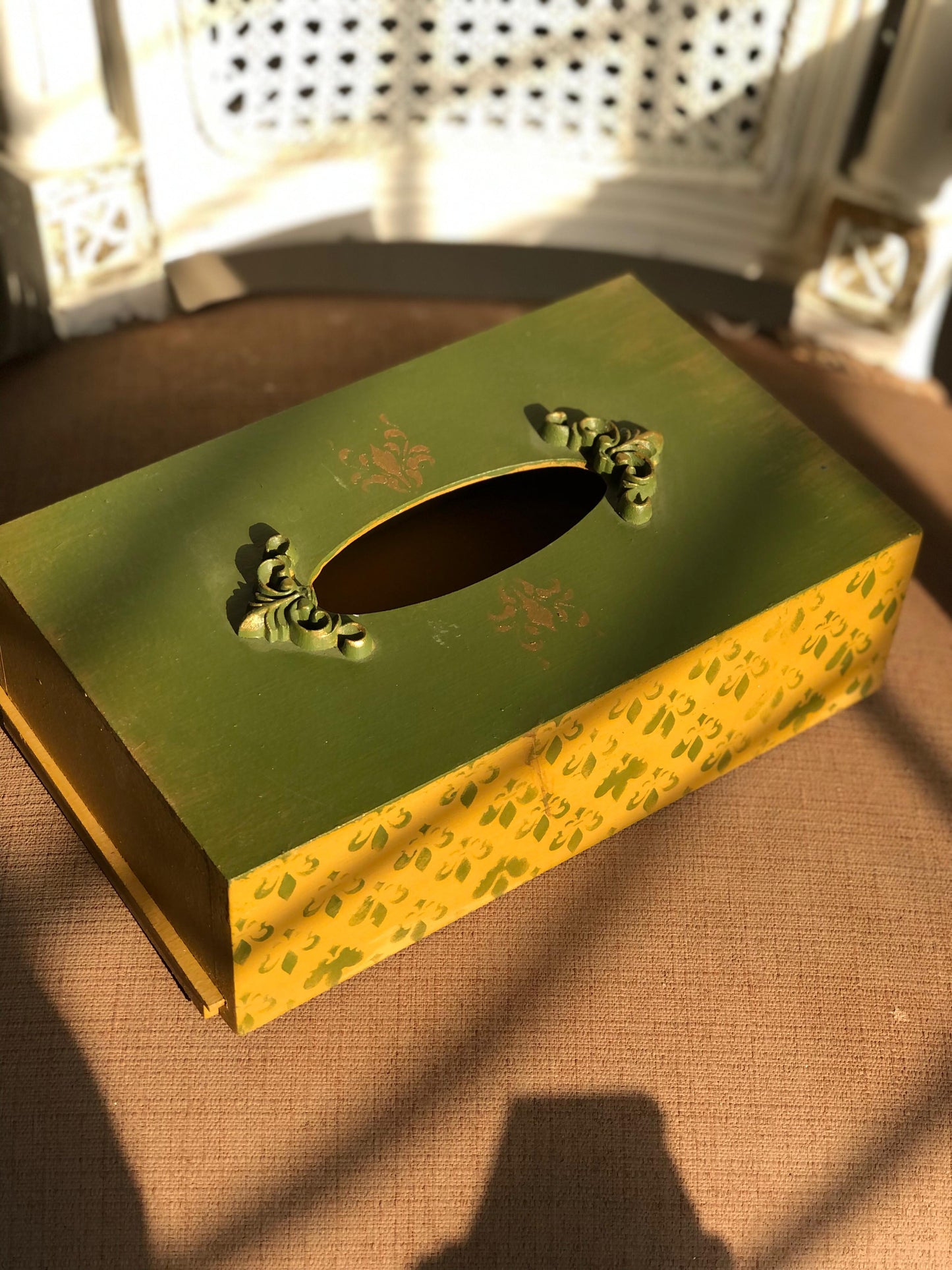 Hand-Painted Wooden Tissue Box | Boho Chic Green & Yellow Pattern Decor