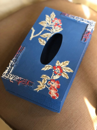 Hand-Painted Wooden Tissue Box | Chinoiserie Blue Floral Accent Decor