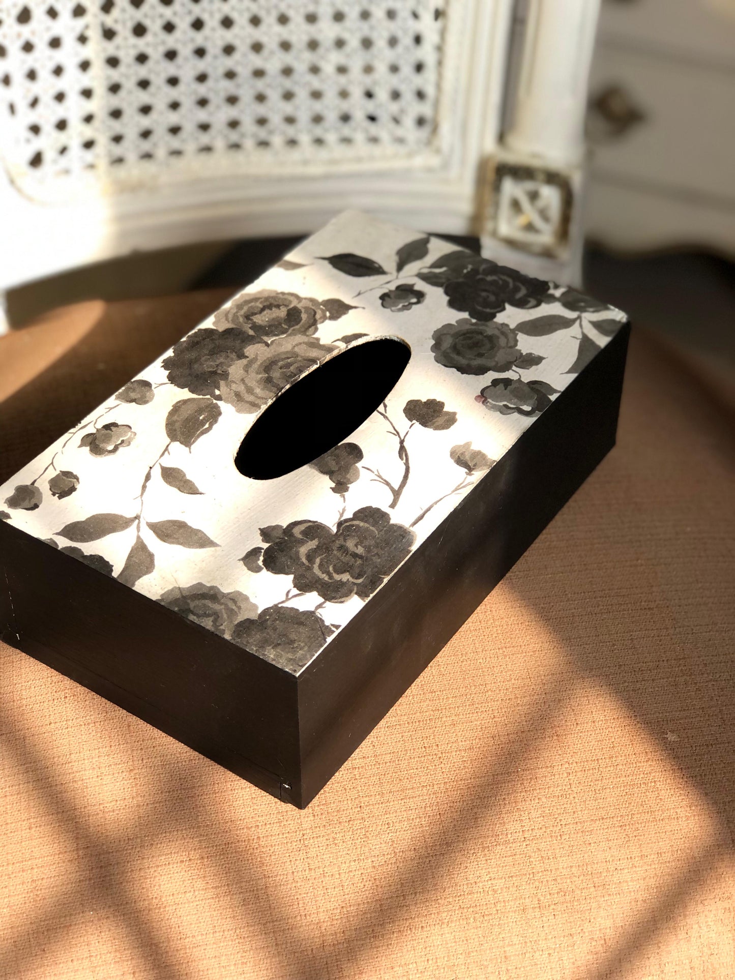 Hand-Painted Wooden Tissue Box | Goth Black & White Rose and Gold Bird
