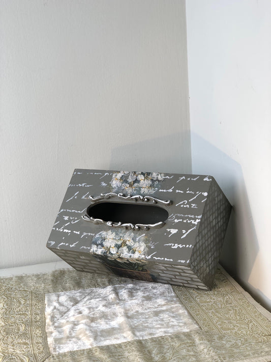 Hand-Painted Wooden Tissue Box - Vintage French Script
